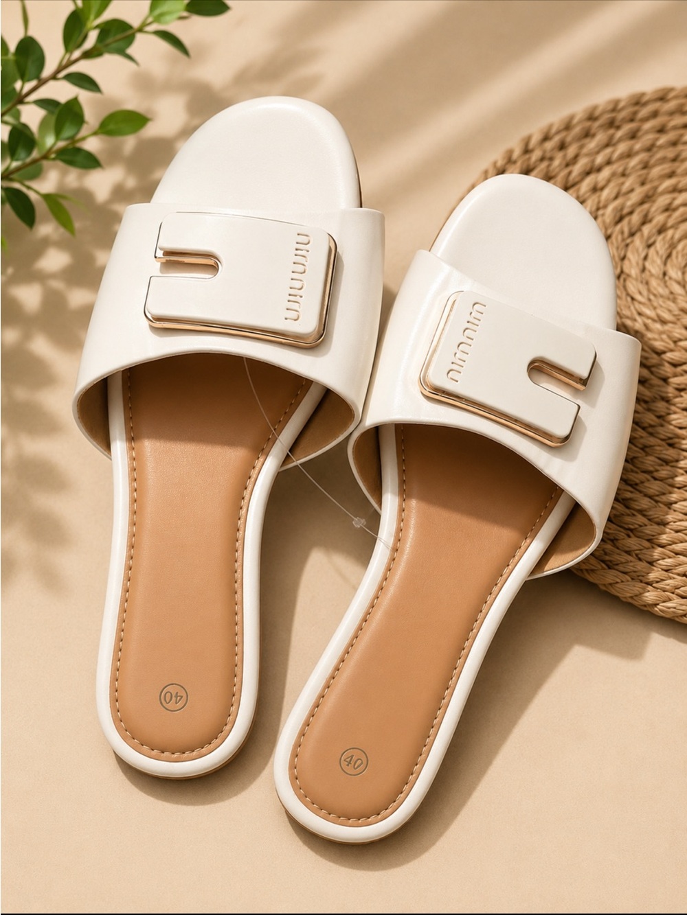 Women's Cream Slide Sandals with Decorative Gold Accent